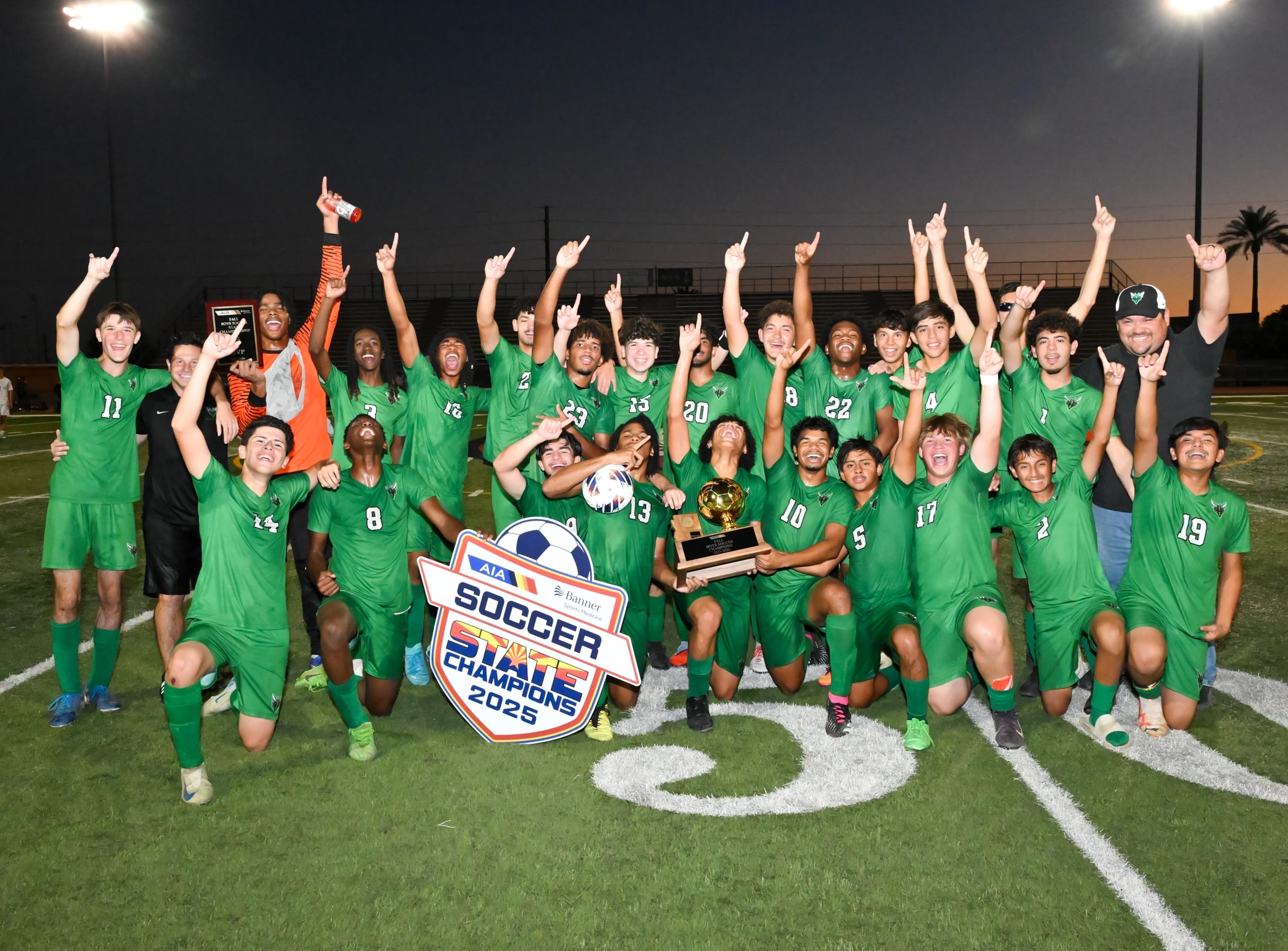 Highland Prep West boys soccer team celebrating a state championship win